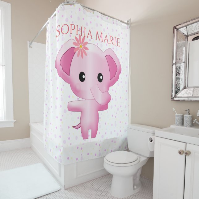 Cute Little Pink Baby Girl Elephant Shower Curtain (In Situ)
