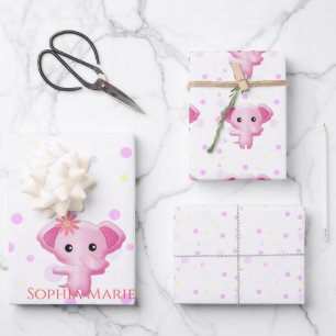 Cute Little Pink Baby Girl Elephant Wrapping Paper Sheet