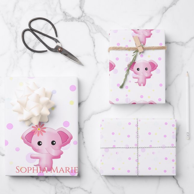 Cute Little Pink Baby Girl Elephant Wrapping Paper Sheet (Front)