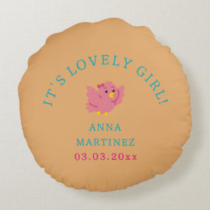 Cute Little Pink Bird Theme Girl Baby Shower Round Cushion