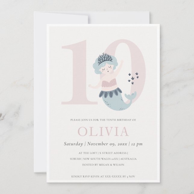 Cute Little Pink Blue Mermaid 10th Birthday Invite (Front)