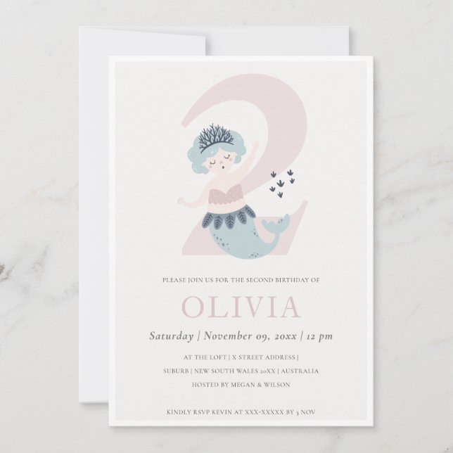 Cute Little Pink Blue Mermaid 2nd Birthday Invite (Front)