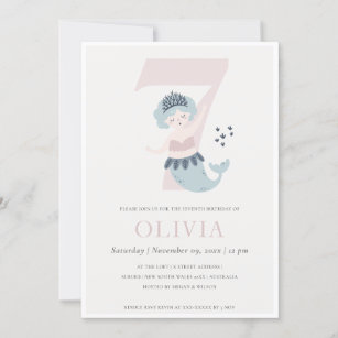 Cute Little Pink Blue Mermaid 7th Birthday Invite