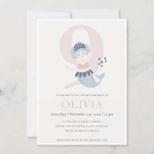 Cute Little Pink Blue Mermaid 9th Birthday Invite
