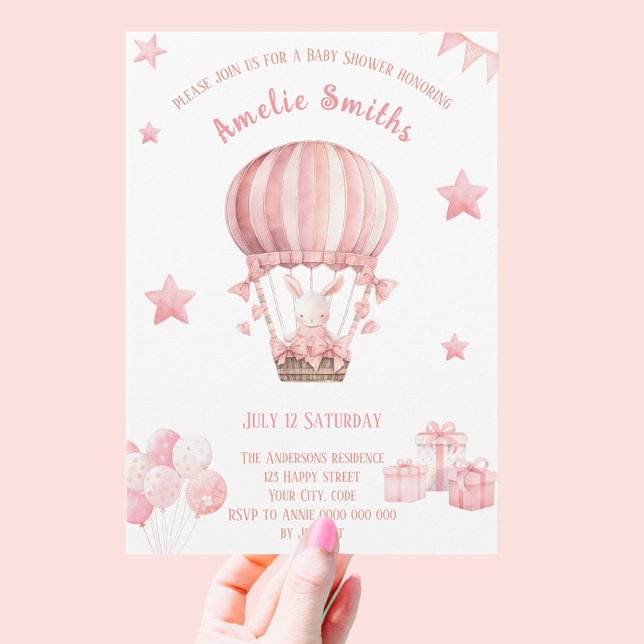 Cute Little Pink Bunny in a Balloon Baby Shower Invitation (Creator Uploaded)