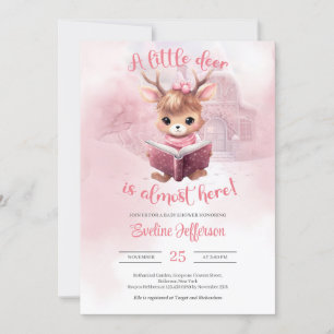 Cute little pink deer reading a book winter forest invitation