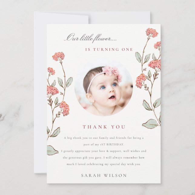 Cute Little Pink Flower Photo Baby Girl Birthday Thank You Card (Front)