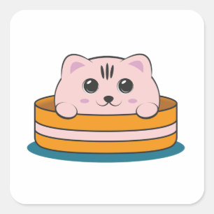 CUTE LITTLE PINK KITTEN IN A BROWN BOWL SQUARE STICKER