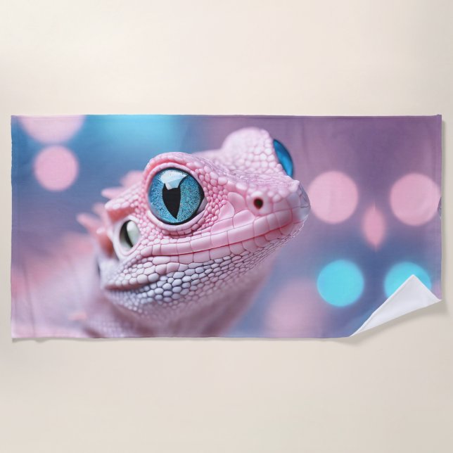 Cute Little Pink Lizard with Big Blue Eyes Beach Towel (Front)
