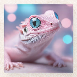 Cute Little Pink Lizard with Big Blue Eyes Glass Coaster