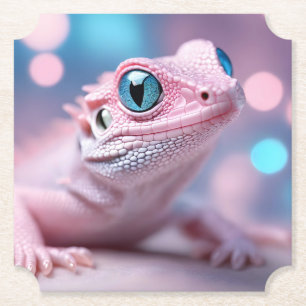 Cute Little Pink Lizard with Big Blue Eyes Paper Coaster