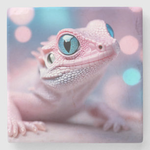 Cute Little Pink Lizard with Big Blue Eyes Stone Coaster