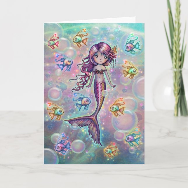 Cute Little Pink Mermaid and Fish Fantasy Art Card (Front)
