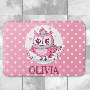 Cute Little Pink Owl and Polka Dots Bath Mat