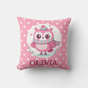 Cute Little Pink Owl and Polka Dots Cushion