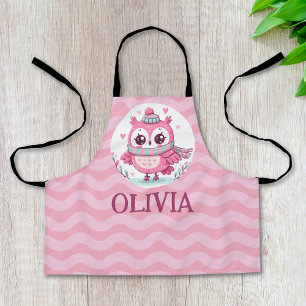 Cute Little Pink Owl Wearing Scarf and Hood Apron
