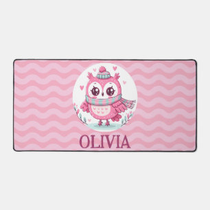 Cute Little Pink Owl Wearing Scarf and Hood Desk Mat