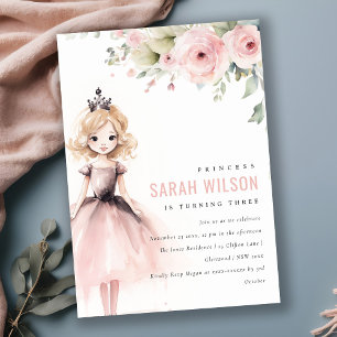 Cute Little Pink Princess Rose Floral Birthday Invitation