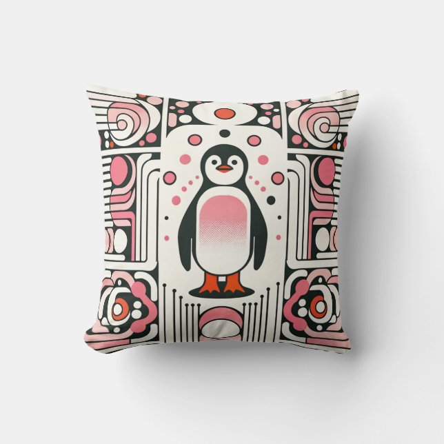 Cute Little Pink Salmon Penguin in Retro 60s Cushion (Front)
