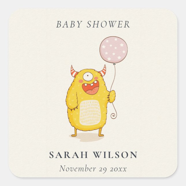 Cute Little Pink Yellow Happy Monster Baby Shower Square Sticker (Front)