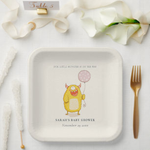 Cute Little Pink Yellow Monster Baby Shower Invite Paper Plate