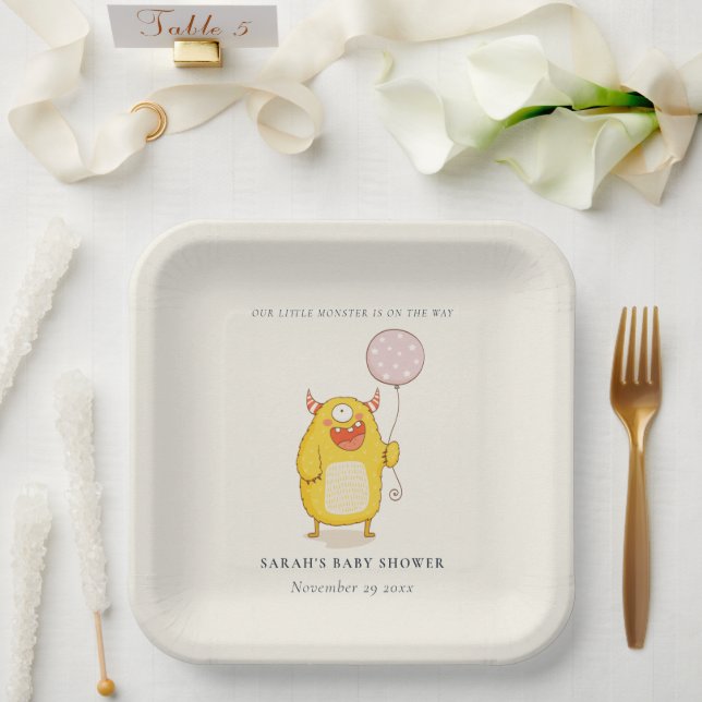 Cute Little Pink Yellow Monster Baby Shower Invite Paper Plate (Wedding)