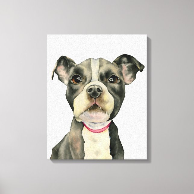 Cute Little Pit Bull Puppy Watercolor Painting Canvas Print (Front)