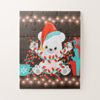 Cute Little Polar Bear with Christmas Lights Jigsaw Puzzle