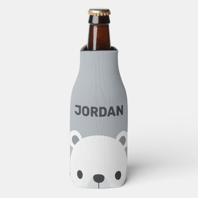 Cute Little Polar Bear with Personalised Name Bottle Cooler (Bottle Front)
