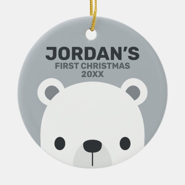 Cute Little Polar Bear with Personalised Name Ceramic Tree Decoration (Front)