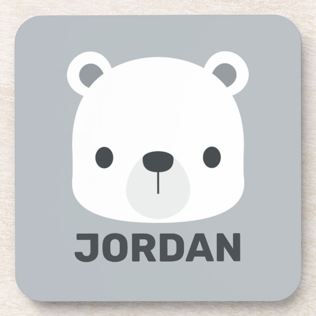 Cute Little Polar Bear with Personalised Name Coaster (Front)