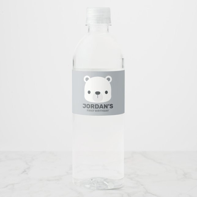 Cute Little Polar Bear with Personalised Name Water Bottle Label (Front)
