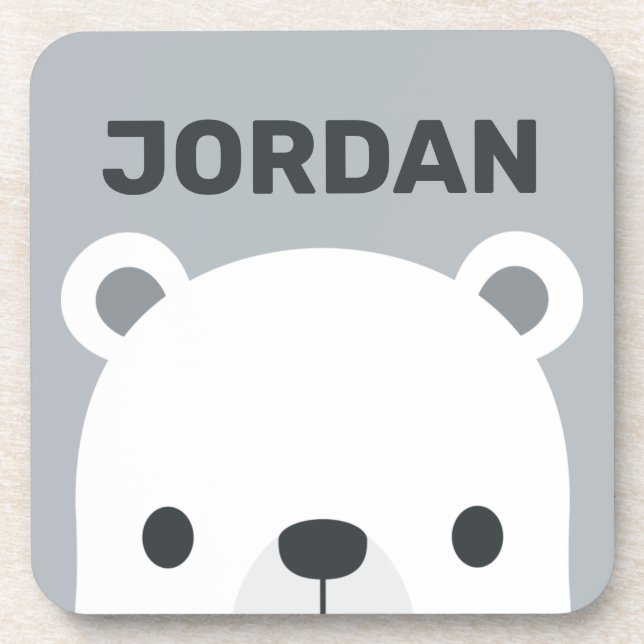 Cute Little Polar Bear with Personalized Name Coaster (Front)