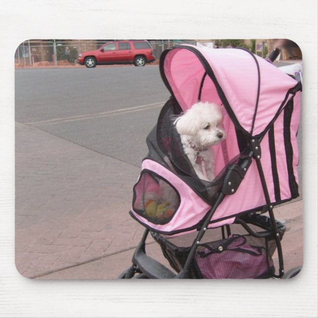 Cute little poodle in a doggie stroller, on a mous mouse mat (Front)