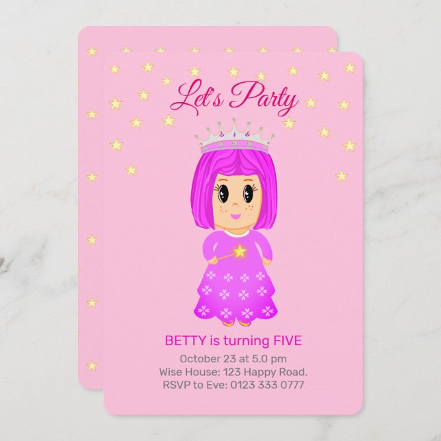 Cute Little Princess & Stars on Light Pink Invitation (Front/Back)