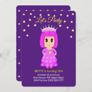 Cute Little Princess & Stars on Royal Purple Invitation