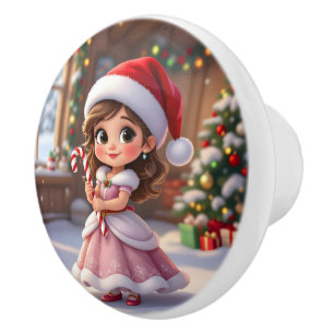 Cute little princess with Christmas hat Ceramic Knob