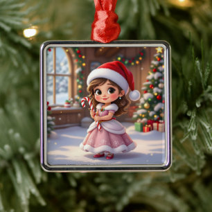 Cute little princess with Christmas hat Metal Tree Decoration
