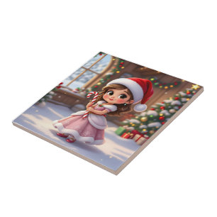 Cute little princess with Christmas hat Tile