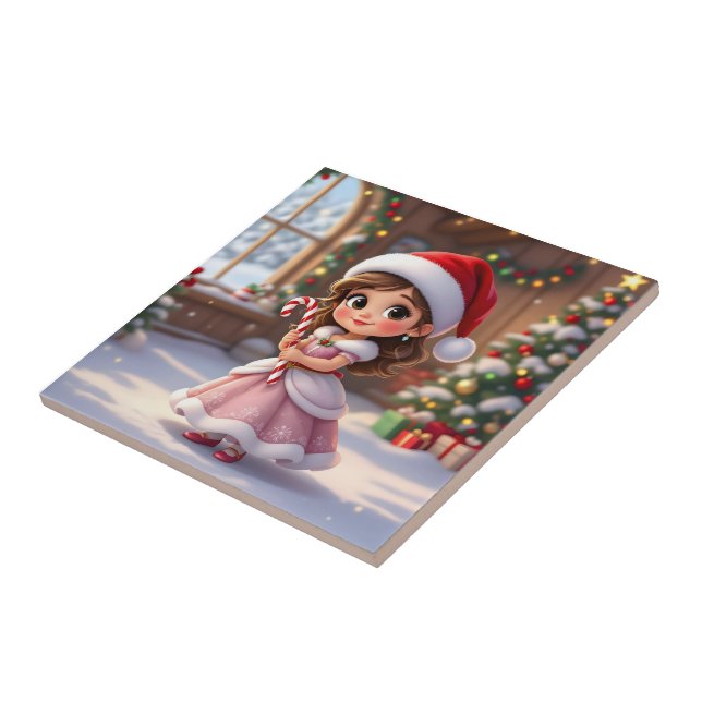 Cute little princess with Christmas hat Tile (Side)