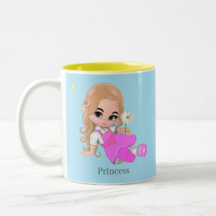 Cute Little Princess with Flower on Light Blue Two-Tone Coffee Mug