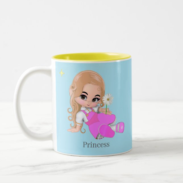 Cute Little Princess with Flower on Light Blue Two-Tone Coffee Mug (Left)