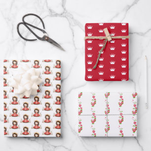 Cute little princess with red dress wrapping paper sheet