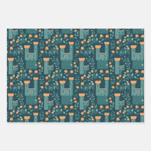 Cute Little Princess Wizard Castle Tower Pattern Wrapping Paper Sheet (Front)