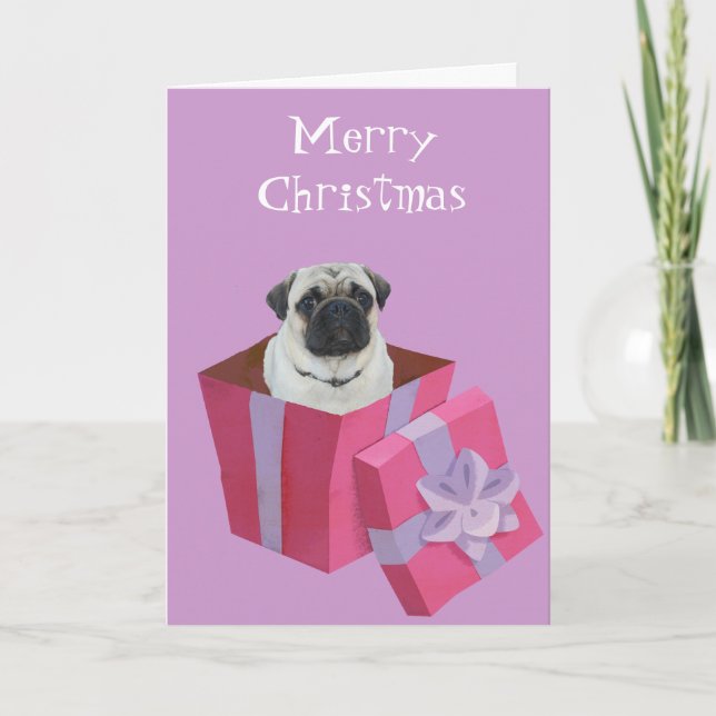Cute little Pug Present Holiday Card (Front)