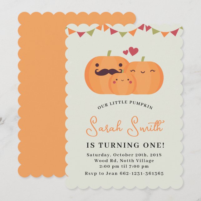 Cute Little Pumpkin 1st Birthday Party Invitation (Front/Back)