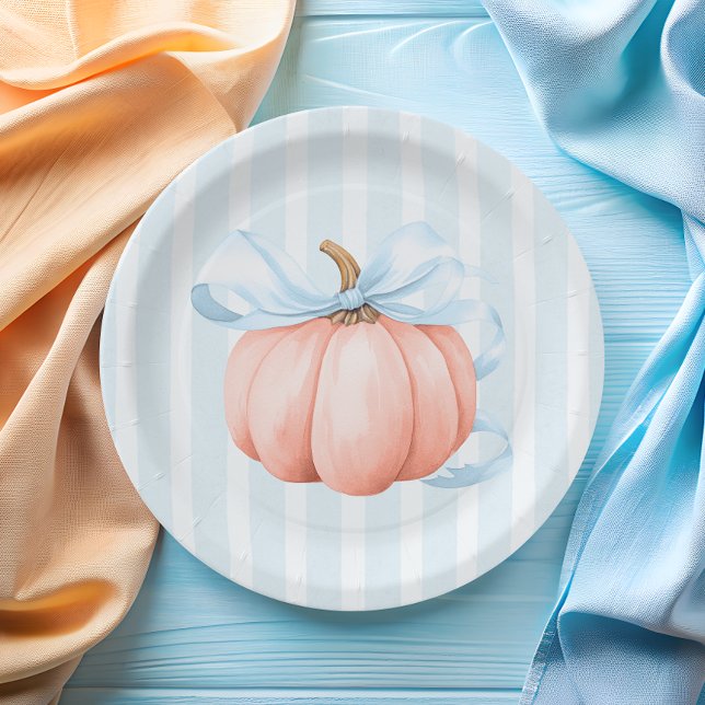 Cute Little Pumpkin Blue Bow Baby Shower Paper Plate (Creator Uploaded)