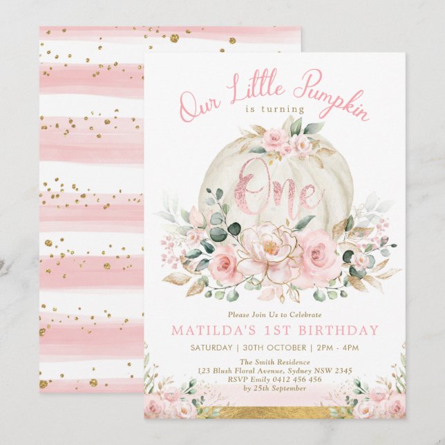 Cute Little Pumpkin Blush Pink Gold 1st Birthday Invitation (Front/Back)