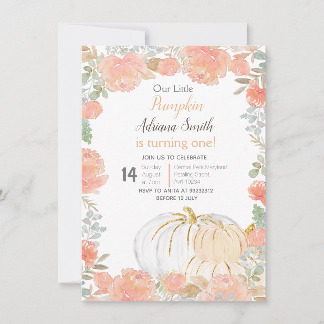 Cute Little Pumpkin Fall Birthday Autumn Pastel Invitation (Front)