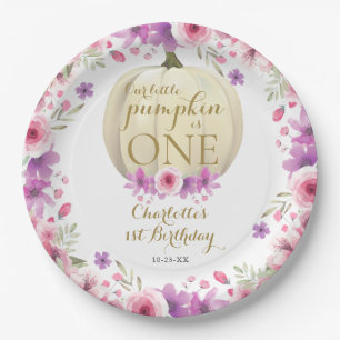 Cute Little Pumpkin Floral 1st Birthday Paper Plate